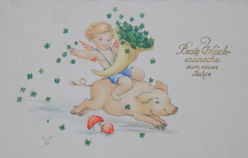 Datei:Künstlerpostkarte LFG Neujahr Engel auf Glücksschwein.jpg